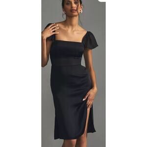 By Anthropologie Flutter-Sleeve Satin Sheath Black Dress size 10 New